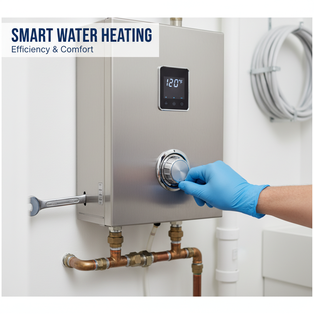 Modern residential water heater being inspected by a technician